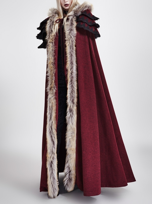 Women Wine Red Gothic Fur Collar Wool Long Cloak - Magic Wardrobes