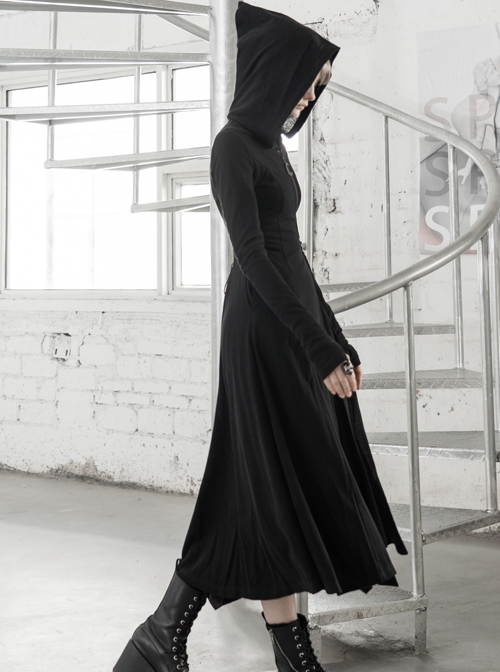 Front Oblique Zipper Pointed Hood Long Sleeve Split Hem Black Gothic Coat -  Magic Wardrobes