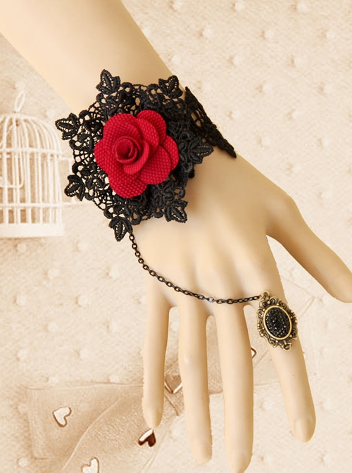 Retro Fashion Gothic Red Rose Flower Black Lace Female With Ring Bracelet -  Magic Wardrobes