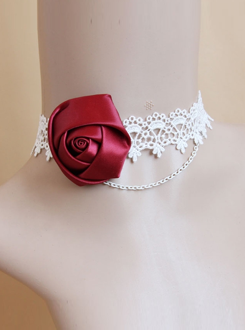 Bride Bridesmaid Wedding Dress Fashion Retro Red Rose Flower Fashion White  Lace Female Choker - Magic Wardrobes