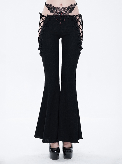 The Grave Girls Embroidered Bat Flared Pants - Black