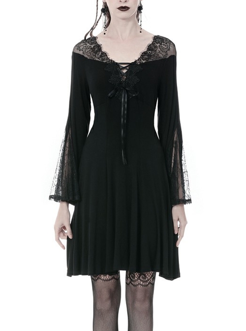 Black Lace-Up Sexy Lace Shoulder Long 