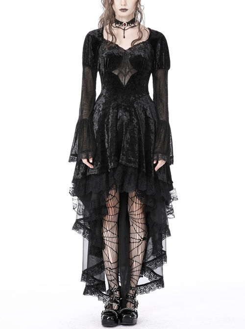 Super Stretch Black Velvet Spider Web Print Gothic Long Sleeve Dress ...