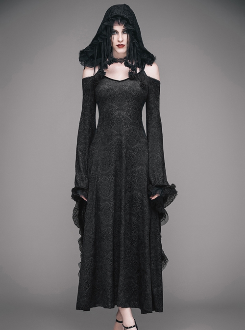 Black Gothic Slim Tassel Hooded Off Shoulder Long Sleeve Dress - Magic ...