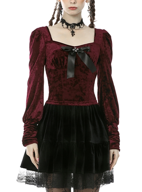 Gorgeous Wine Red Velvet Bowknot Long Sleeve Top - Magic Wardrobes