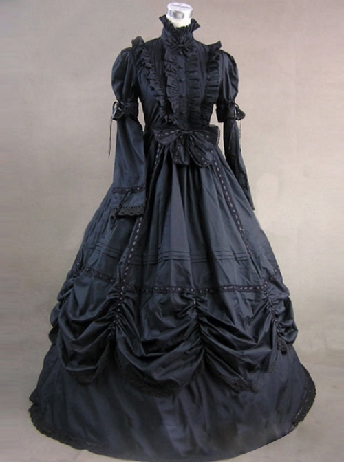 Classic Black High Collar Gothic Victorian Short Sleeve Long Dress ...